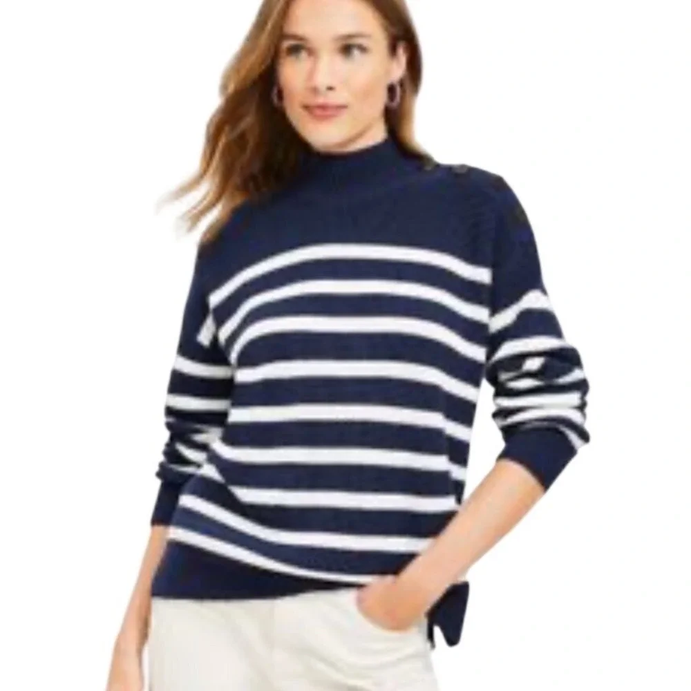 Loft Navy White Striped Mock Neck‎ Sweater Coastal Preppy Nautical Chic medium